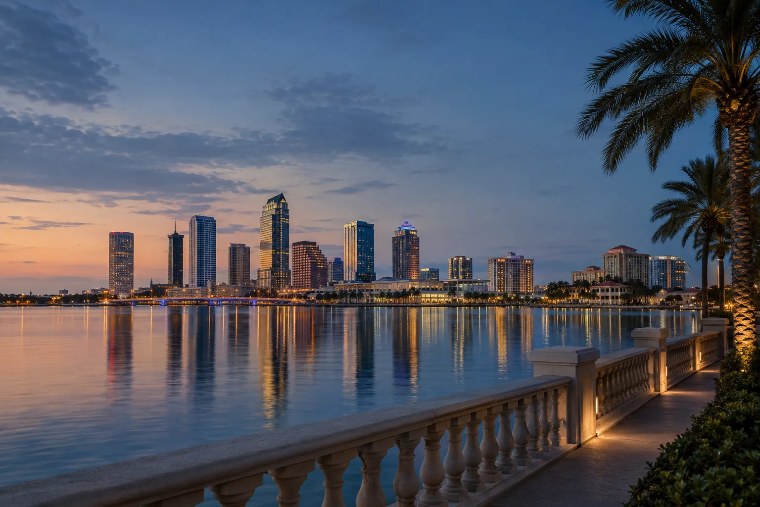 Tampa Bay waterfront and city skyline at blue hour