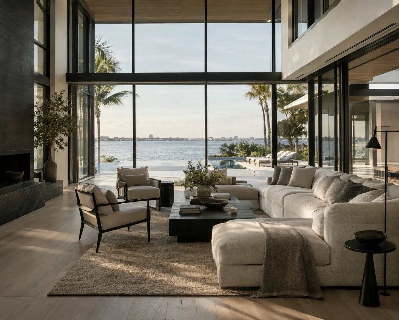 Light-filled modern Florida living room opening to a pool and water view